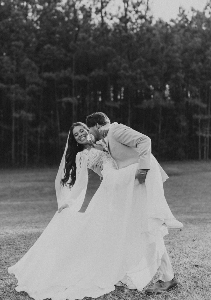 bride and groom portraits, boho, romantic, dreamy, winter wedding photos in a field